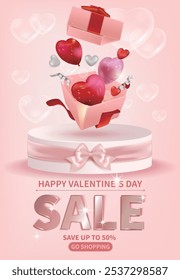 Valentine's Day sale, red and pink heart-shaped balloons flying out of opened gifts on stand