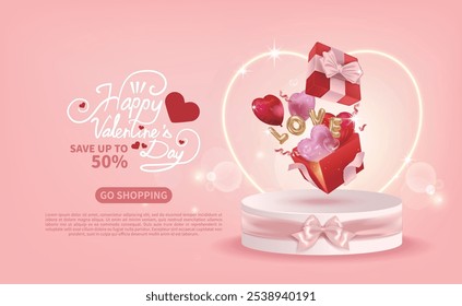 Valentine's Day sale, red and pink heart-shaped balloons flying out of opened gifts on stand