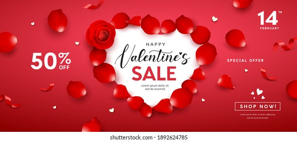 Valentine's Day sale, red rose petals heart shape banners design on red background, Eps 10 vector illustration