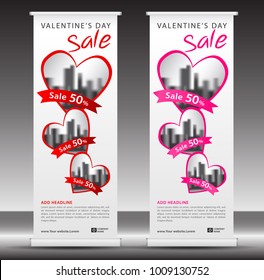 Valentine's day sale Roll up banner template, flyer layout vector, pull up, x-banner, web banner design, business flyer, poster, ad, advertisement, backdrop, j-flag, printing media
