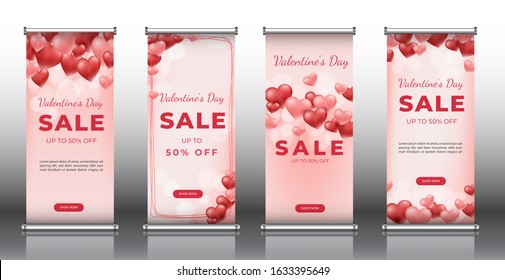 Valentine's day sale Roll up banner template collection. Template design for holidays promotions. Presentation and Brochure Flyer. Vector illustration.