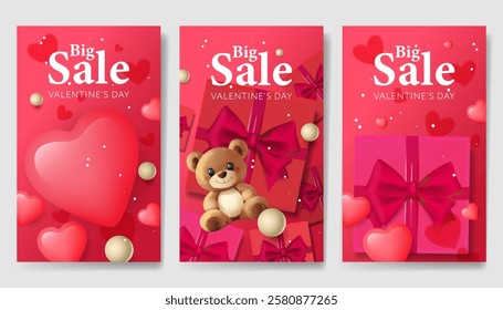 Valentines day Sale romantic set vector backgrounds. Festive gift card templates. Holiday banners, web poster, flyers and brochures, greeting cards, group bright covers, vector illustration