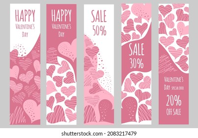 Valentine's Day Sale. Set of banners or posters with many pink hearts. Hand drawn vector illustration, EPS10.