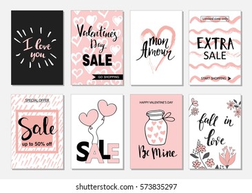 Valentines day sale set cards. Calligraphy, lettering and hand drawn design elements.