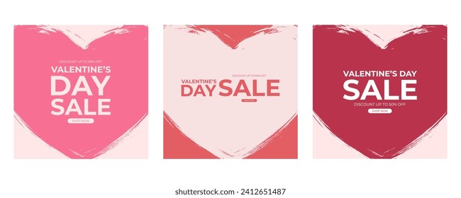 Valentine's Day Sale Set. Commercial backgrounds with brush stroke heart shape for business, Valentines Day shopping promotion and advertising. Vector illustration.