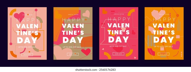 Valentine's Day Sale Set. Modern Creative Art with Hearts and Love Typography for Advertising, Social Media, Posters, Banners, Covers. Minimalist Geometric Background Design.