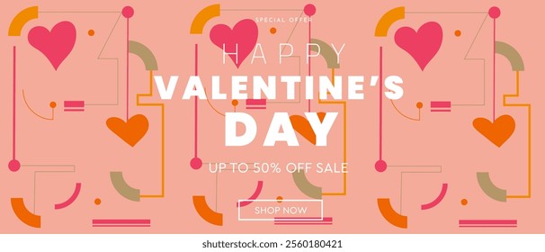Valentine's Day Sale Set. Modern Creative Art with Hearts and Love Typography for Advertising, Social Media, Posters, Banners, Covers. Minimalist Geometric Background Design.