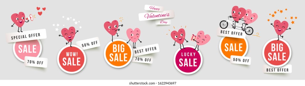 Valentines day sale set round banners, paper cut stickers with funny characters animated hearts. Collection of vector elements for holiday promotions and discounts