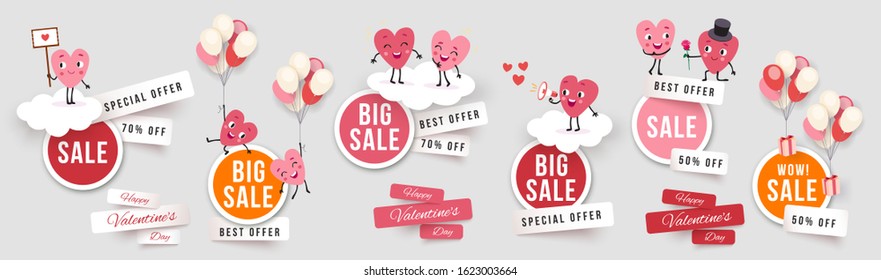 Valentines day sale set round banners, paper cut stickers with funny characters animated hearts. Collection of vector elements for holiday promotions and discounts