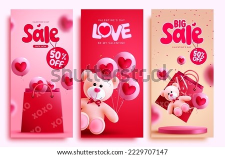 Valentine's day sale set vector poster design. Valentine's seasonal promo discount offer collection for flyers and voucher background. Vector Illustration.