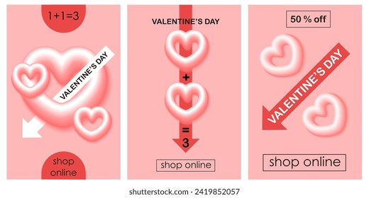 Valentine's day sale shop banner, card, voucher. Background with 3d heart. Red, pink, white colors.