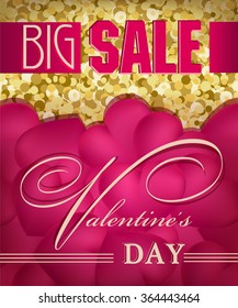 Valentine's day sale shopping on the background of hearts and gold texture. vector  illustration