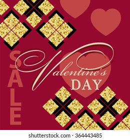 Valentine's day sale shopping on the background of hearts and gold texture. vector  illustration