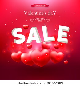 Valentine's day, valentines sale, sign with red hearts on red background