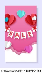 Valentines Day sale social media story, post vector template. Paper cut craft style heart shape hot air balloons with gift boxes flying in the sky. Creative composition for poster, banner, cover, card