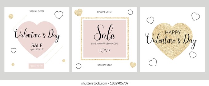 Valentine's Day Sale. For social media posts, mobile apps, banners design and web, internet. Glitter style. Vector set.