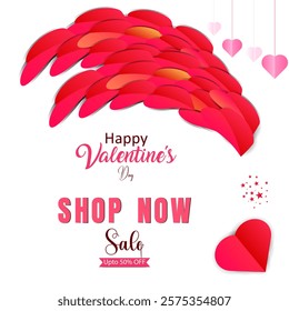 Valentine's day sale social media post design. Valentine's day commercial banner with cute 3d pink glossy hearts for holiday shopping promotion. Valentine's day sales discount post banner design.