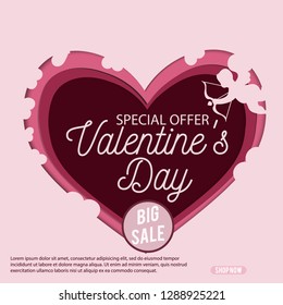 Valentines day sale special offer background, poster template. with hearts, cupid and paper ornaments. February 14.Vector illustration