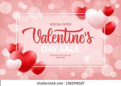 Valentine's Day Sale special offer promotional banner with hand drawn lettering and hearts for holiday shopping. Discount up to 50% off. Shop now. Vector illustration.