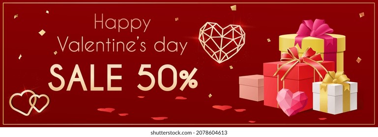 Valentines Day Sale. Special offers for regular customers. Gifts, holidays, jewelry store. Marketing, ecommerce. Romance, poster, luxury banner. Bright gift boxes. Cartoon flat vector illustration