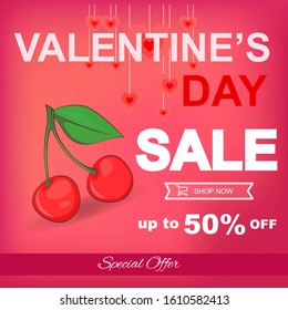 Valentine's Day SALE square banner, flyer design of postcard. 50% OFF. Vector illustration. Saint valentine's day offer square brochure. Vector template vibrant background. Valentine card