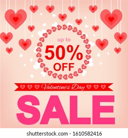 Valentine's Day SALE square banner, flyer design of postcard. 50% OFF. Vector illustration. Saint valentine's day offer square brochure. Vector template vibrant background. Valentine card