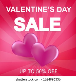 Valentine's Day SALE square banner, flyer design of postcard. 50% OFF. Vector illustration. Saint valentine's day offer square brochure. Vector template vibrant background. Valentine card