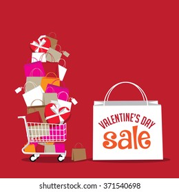Valentine's day sale stack of shopping bags in a cart background. EPS 10 vector stock illustration
