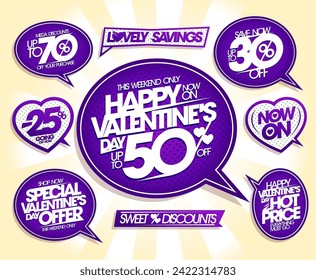 Colección de stickers de venta de día de San Valentín - oferta de vacaciones, oferta especial, mega descuentos, precio caliente, ahorro ahora, encantadores ahorros, etc.