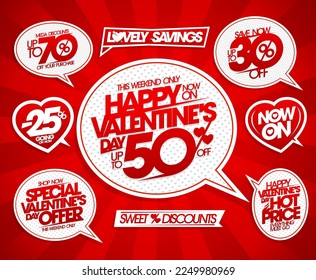 Valentine's day sale stickers and symbols vector set - holiday offers, special offers, mega discounts, hot prices, lovely savings, etc.