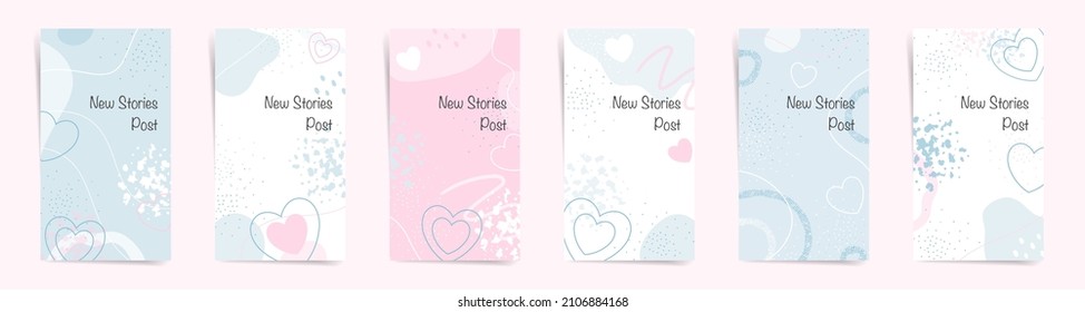 Valentine's day sale stories banners fashion template set. Elegant fashion style stories and promo posts. Design with abstract shapes, hearts and geometric waves in white, blue, and pink colors set.