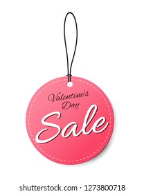 Valentine's Day Sale tag, pink color circle round banner with hanging and shadow, badge vector for you business advertisement isolated on white background.
