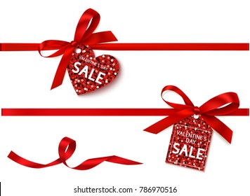 Valentine's day SALE tag with red bow and horizontal red ribbon. Vector set of holiday decorations