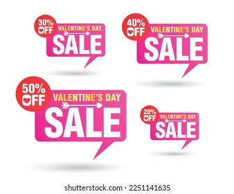 burbuja de discurso de la etiqueta de venta del día de San Valentín. Conjunto de 20%, 30%, 40%, 50% de descuento. Ilustración del vector