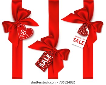 Valentine's Day SALE tag. Vertical red ribbon with decorative bow and discount tag. Holiday decoration isolated on white. Vector illustration