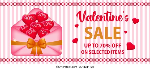 Valentine's Day sale template. Banner with an envelope and hearts inside with discounts. The concept of promoting purchases and discounts on selected items. Vector illustration.