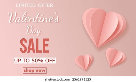 Valentine's Day sale, template discount banner design with realistic paper cut layered hearts to promote purchases in the winter season. modern light vector illustration en pale pink tones. 