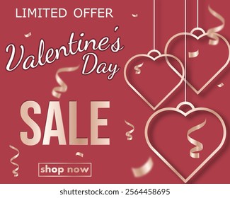 Valentine's Day sale, template discount banner design with realistic with dangling pink gold hearts and confetti to promote purchases in the winter season. modern vector illustration en red tones. 