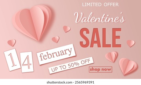 Valentine's Day sale, template discount banner design with realistic paper cut layered hearts to promote purchases in the winter season. modern light vector illustration en pale pink tones. 