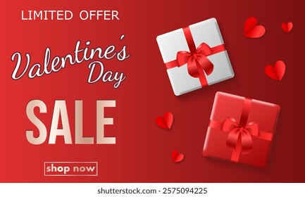 Valentine's Day sale, template discount banner design with realistic gift boxes and paper hearts on a red background to promote purchases 14 februery. bright vector illustration en red tones.