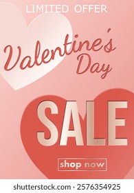 Valentine's Day sale, template discount banner design with big hearts and text on a pink background to promote purchases 14 februery. simple bright vector illustration en rose, red and gold tones.