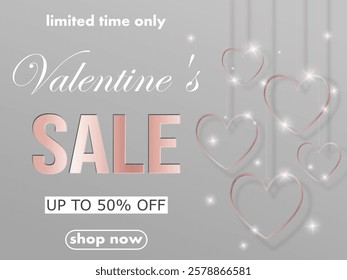 Valentine's Day sale, template discount banner design with pattern slims rose gold hearts, lights and text to promote purchases 14 februery. elegant vector illustration en pink, grey tones.