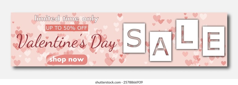 Valentine's Day sale, template discount banner design with lot of multicolored rose hearts to promote purchases in the 14 february. modern vector illustration for website header, flyer, poster