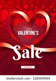 Valentine's day sale template or flyer design with 30% discount offer on brown rays background.