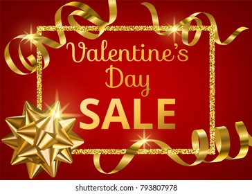 Valentines day sale template with golden serpentin and gift box