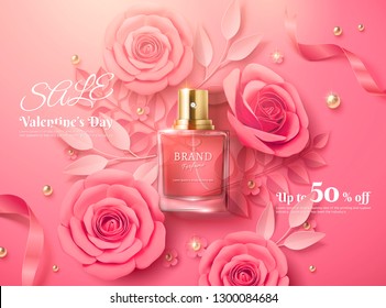 Valentine's day sale template with pink paper flowers and perfume product in 3d illustration, top view