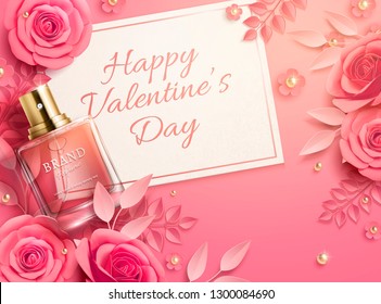 Valentine's day sale template with pink paper flowers and perfume product in 3d illustration, top view