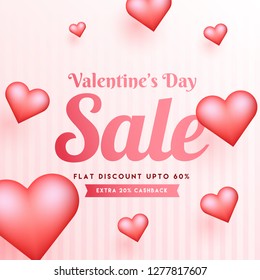 Valentine's Day sale template or poster design with glossy heart shapes and flat 60% discount and 20% cashback offer.