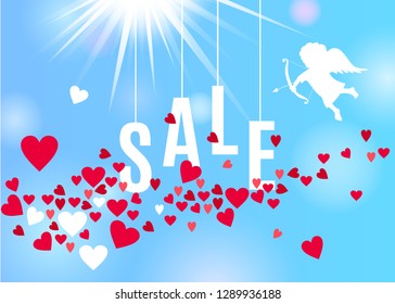 Valentines Day sale template with red and white hearts stream isolated on clear blue sky background. Abstract sunny background for your discount banner design. Vector illustration with cupid