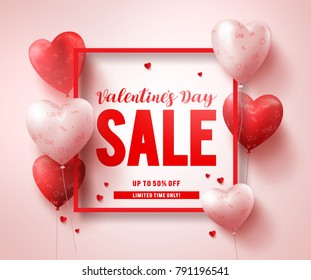 Valentines day sale text banner design with red heart shape balloons and elements in a boarder for valentines day seasonal discount promotion. Vector illustration.
